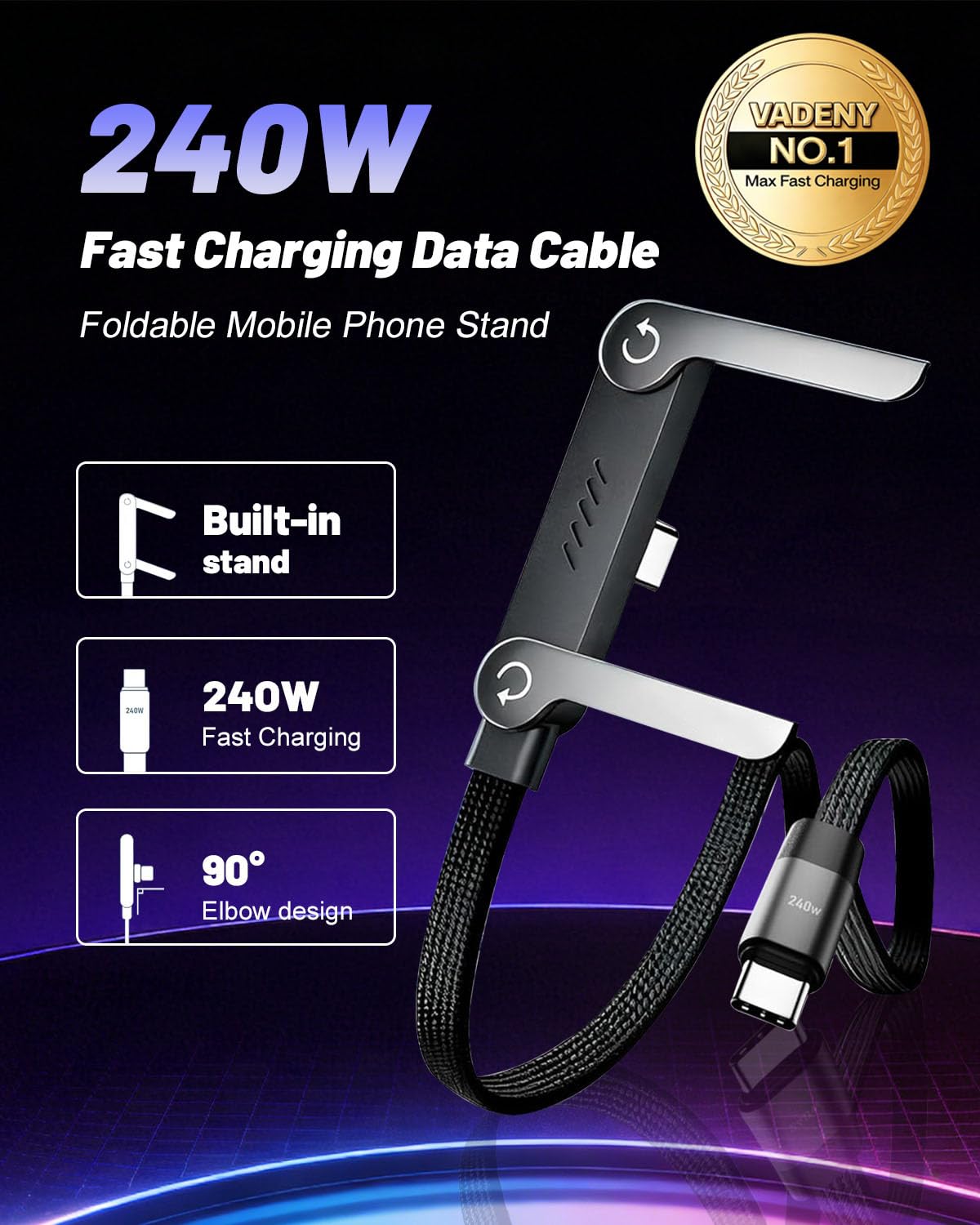 Cavo di ricarica 2 in 1, cavo di ricarica rapida da 240 W con supporto integrato, cavo di ricarica invisibile, rotazione a 360°, cavo USB C in nylon intrecciato ad alta velocità per telefono, tablet