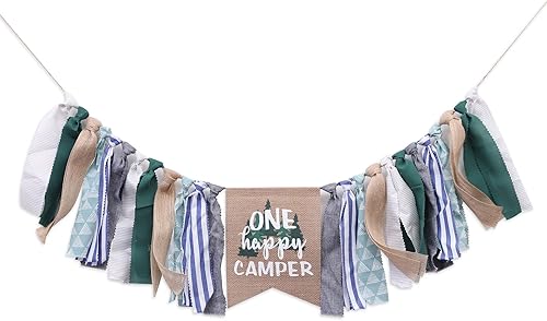 Cartel de 1er cumpleaños con texto en inglés One Happy Camper, cartel para silla alta con decoraciones de campamento, accesorios para fotos de feliz