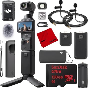 DJI Osmo Pocket 3 Creator Combo Vlogging Camera with Mic 2, 1 CMOS, 4K/120fps Video, 3-Axis Stabilization, Face/Object Tracking, Fast Focus Bundle with Deco Gear 2 Lapel Microphones + 128GB Card