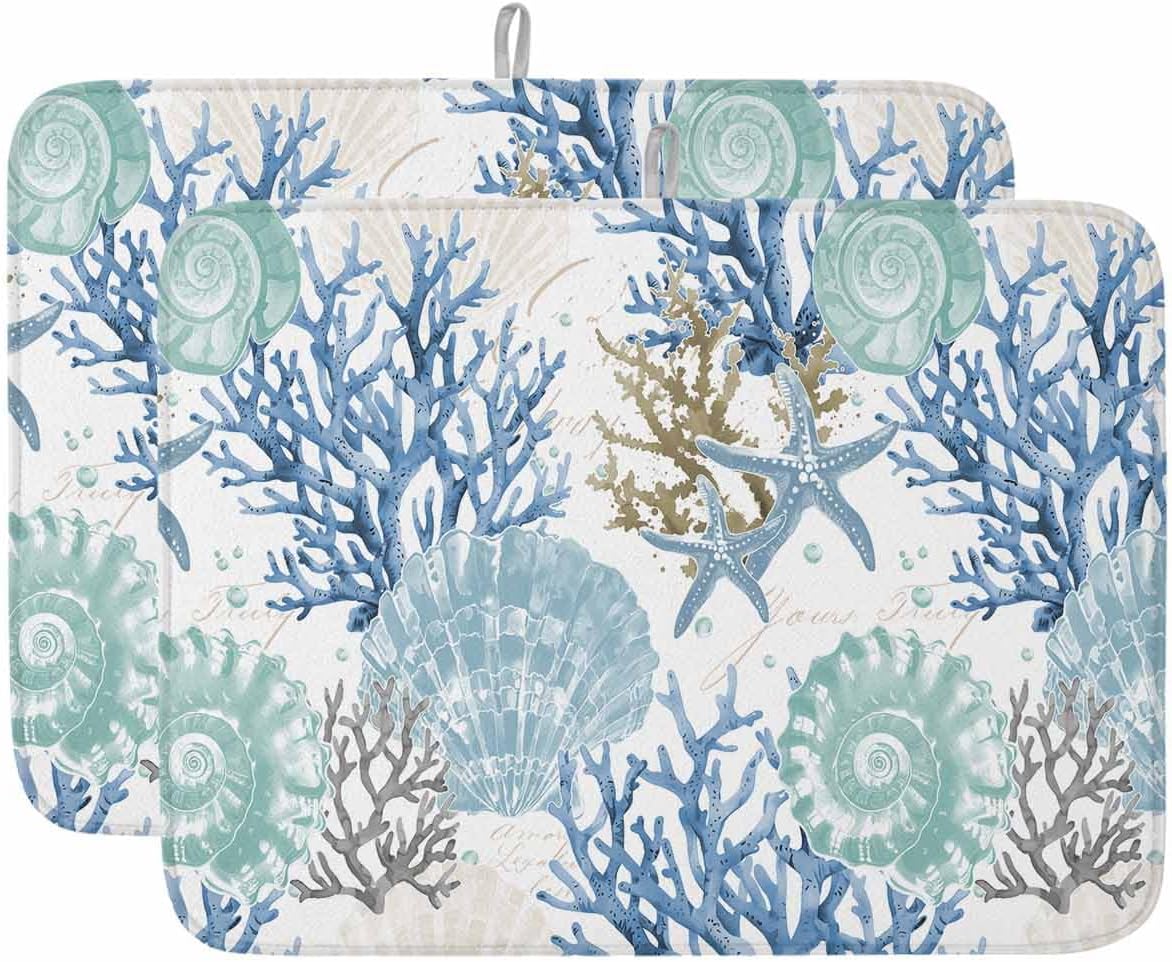 Dish Drying Mat for Kitchen, Watercolor Blue Starfish Coral Shell Texture Marine Art Absorbent Kitchen Counter Mat, Dish Drying Pad for Dishes, Utensils, Pots and Camping, 18"x24"(2 Panel)