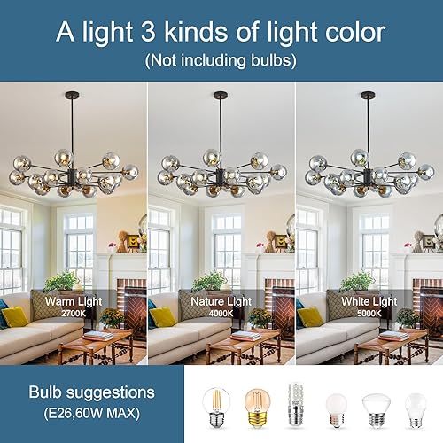 Miniatura 4 de Sputnik - Lámpara de techo de 16 luces con globo de vidrio, lámparas negras para comedor, dormitorio, cocina, oficina, sala de estar (lámpara