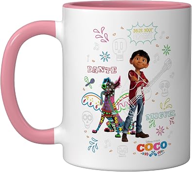 Disney and Pixars Coco Miguel and Dante Seize Your Moment Ceramic Mug, Pink/White