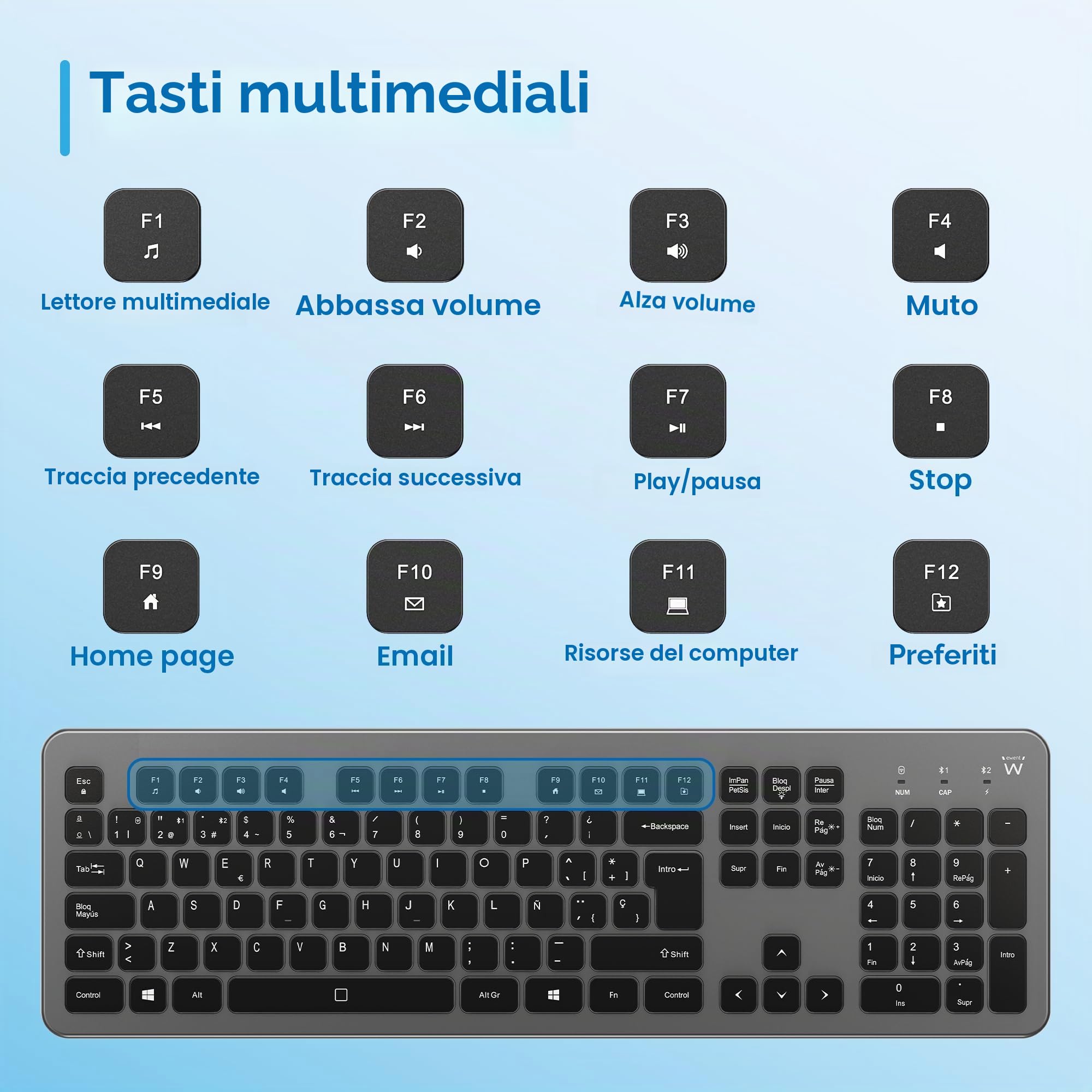 Ewent Tastiera Wireless Retroilluminata Full Size con Layout Spagnolo, Bluetooth e Wireless 2.4GHz, Tasti Silenziosi, Batteria Ricaricabile, Tastiera Senza Fili per Windows, macOS, Android e Tablet