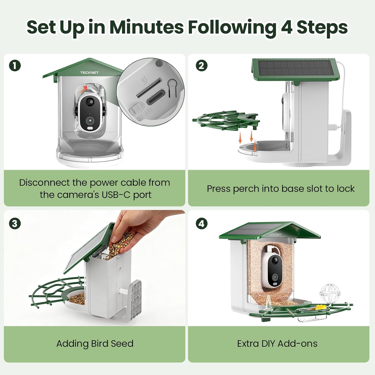 TECKNET Smart Bird Feeder with Camera, 2K UHD Video, AI Bird Species Identification, Instant Arrival Alerts, Solar Powered, Waterproof Birdhouse Camera, Gift for BirdLovers, Family, Green - Image 6