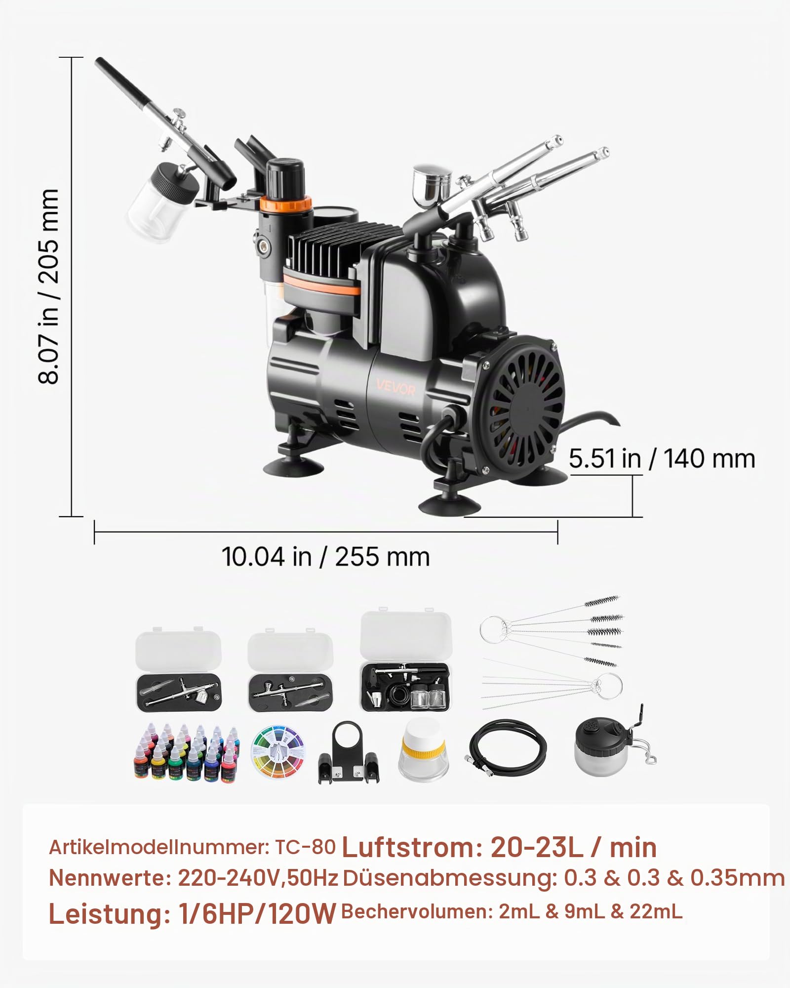 VEVOR Airbrush Set 1/6 PS mit Luftkompressor, 3 Dual Action Airbrush Pistolen mit 3 Düsen (0,3/0,3/0,35mm) & Schlauch & Acrylfarbe, für Kuchendekoration Modellmalerei Nagelkunst geräuscharm