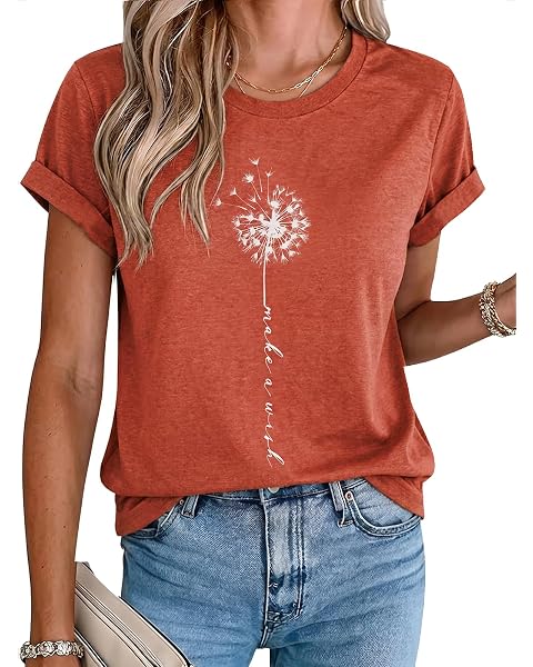 MaQiYa Womens Cute Make A Wish Dandelion Printed Tshirts Graphic Tees Tops | Summer,Cotton, Vintage,Soft,Loose Fit,Short Sleeve,Crewneck,Casual,Basic,Inspirational Tees