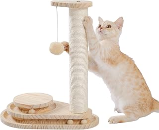 PAWZ Road Cat Scratching Post, Wooden Cat Scratcher, Cat Tracks Toy Two-Layer Teardrop Interactive Track Ball Turntable with Sisal Scratching Post and Dangling Ball for Cat, Beige