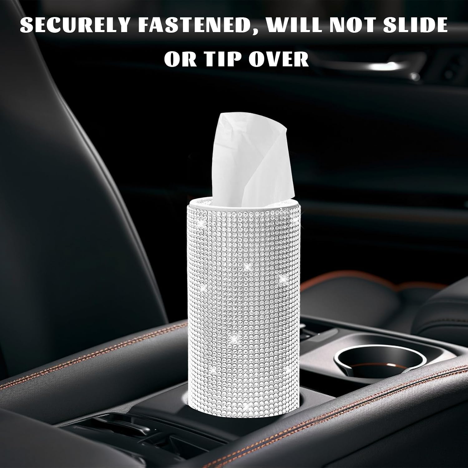 Sun Walker Bling Car Tissue Holder for Cup Holder, Sparkly Rhinestone Round Auto Napkin Dispenser with 1 Pack Tissues, Shiny Crystal Vehicle Tissue Cylinder Storage Box for Women (White) image 4