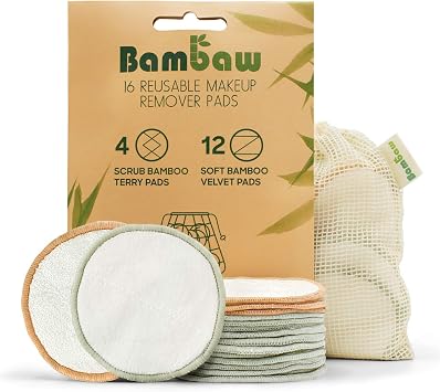 Bambaw Reusable Cotton Rounds for Face, 16 Rounds with 1 Bag for Laundry & Storage, Reusable Cotton Pads for Face, Soft & Exfoliating Eye Makeup Remover Pads