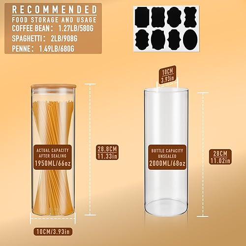 Miniatura 2 de Tarros de almacenamiento herméticos cilíndricos rectos de 70 onzas con tapa de bambú, juego de 3 tarros de vidrio, recipiente de cocina para fideos,