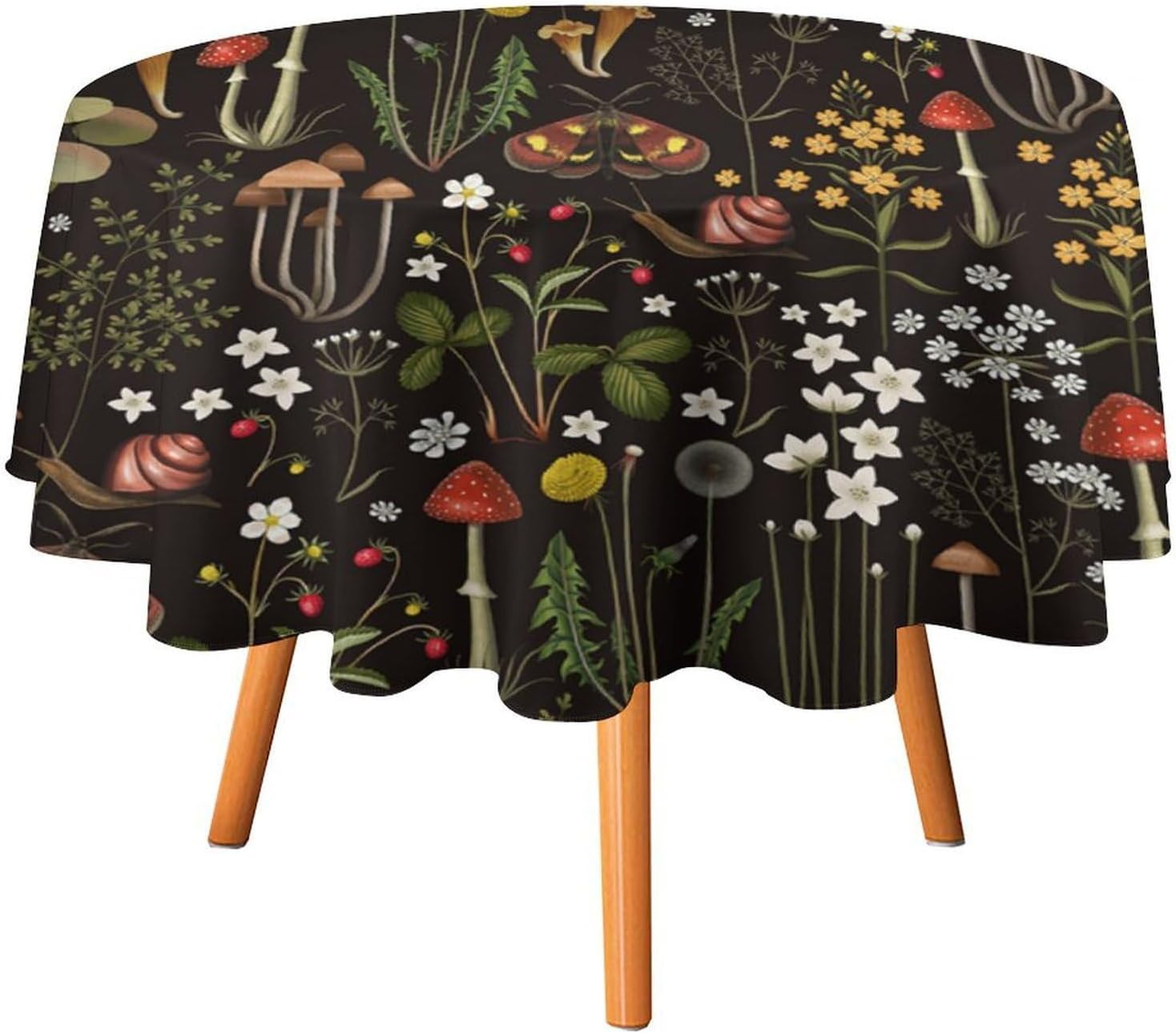 Mushroom Round Tablecloth Forest Flowers Botanical Mushroom Black Design Print Table Cover for Home Party Dining Room Kitchen Decor, 70x70in