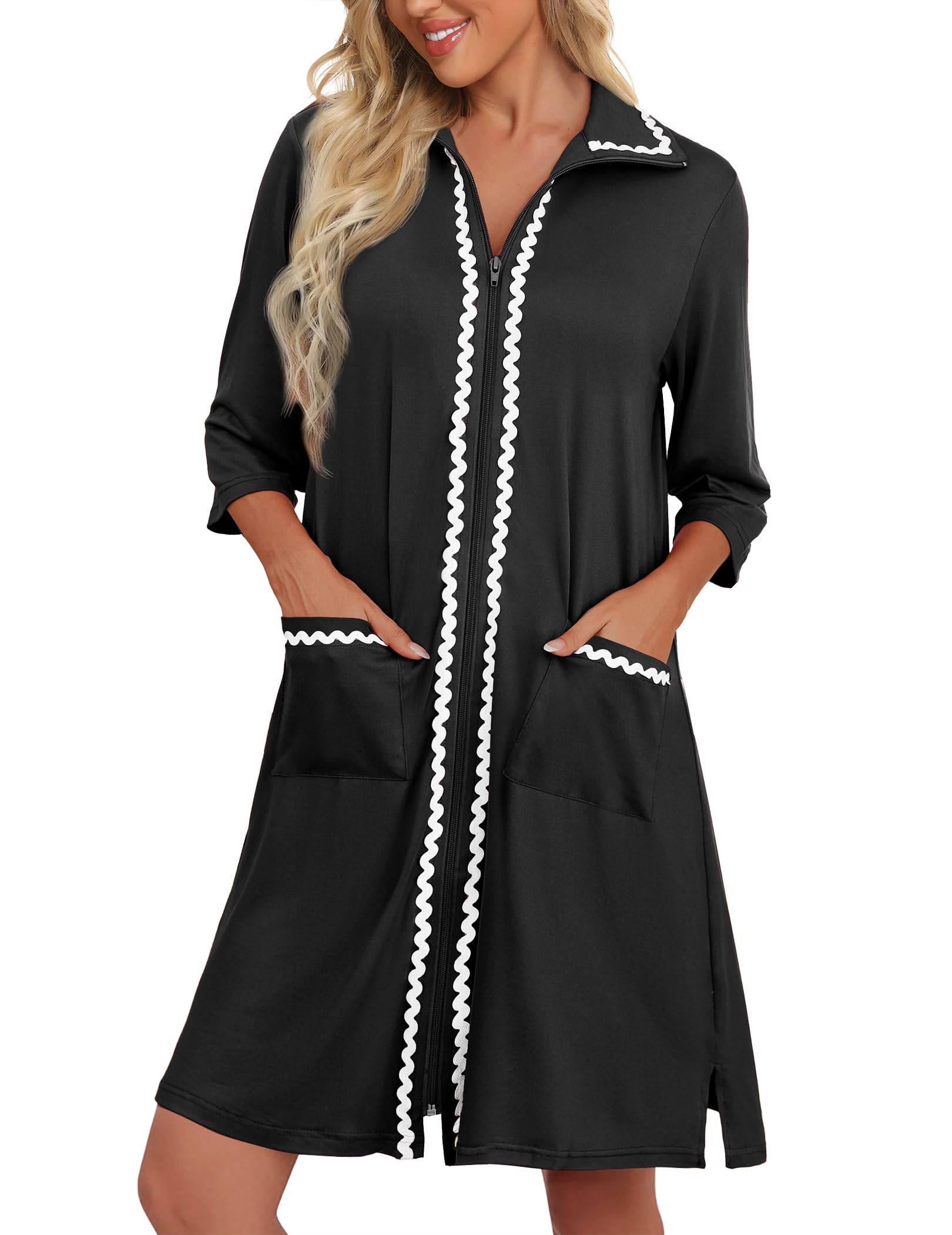 Ekouaer Women Zipper Robe Lightweight House Coat Zipper Front Short Bathrobes Soft Nightgown with Pockets S-3XL