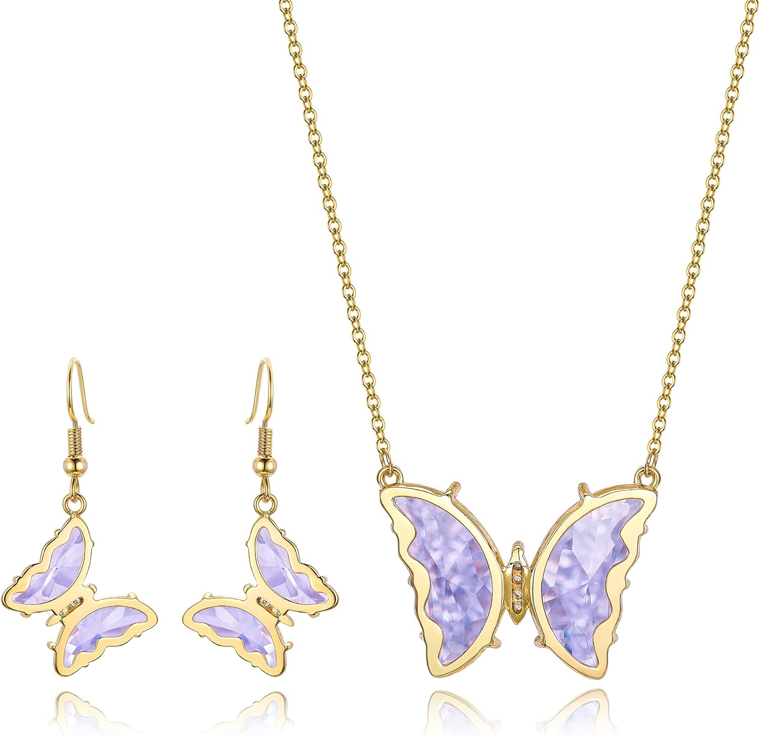 EleQueen 18K Gold Plated Rhinestone Crystal Cute Butterfly Necklace Earrings Set Hypoallergenic Jewelry Sets for WomenLight Purple Color - Image 5