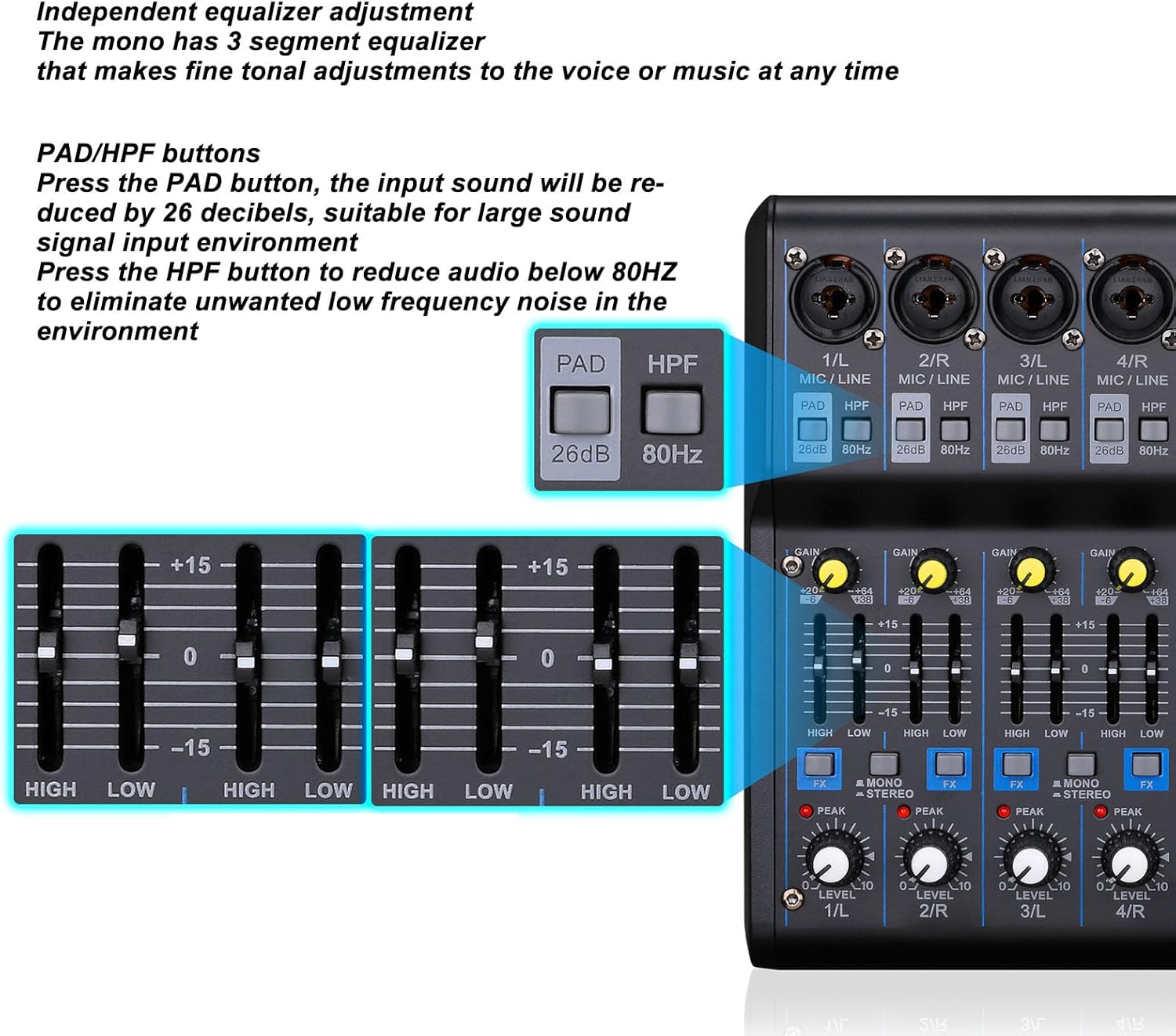 Mixer connected wirelessly to a smartphone via Bluetooth, showing music playback.