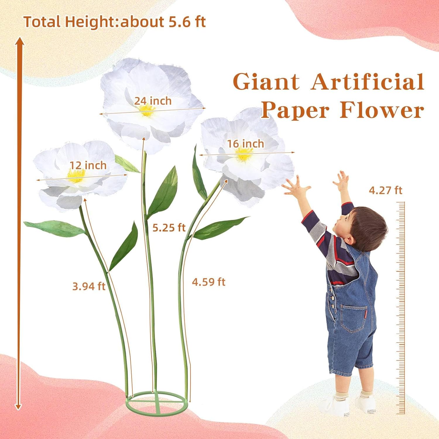 5.9 Ft Large Paper Artificial Flowers,Giant Flowers for Decoration,Standing Huge Handcrafted Poppy Flowers for Garden,Hotel,Office,Photography Props,Wedding,Art Gallery,Shop Window Display(B-White) - Image 2