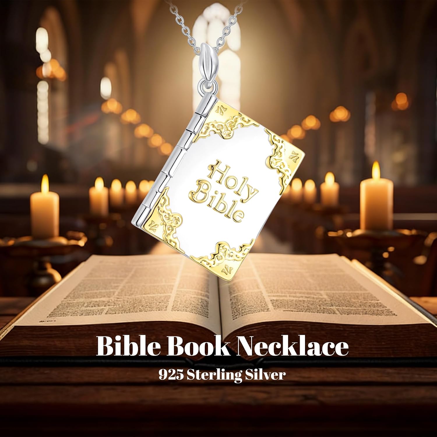 925 Sterling Silver Mini Bible Book Pendant Necklace, Openable Vintage Necklace, Christian Prayer Scripture Jewelry for Men and Women