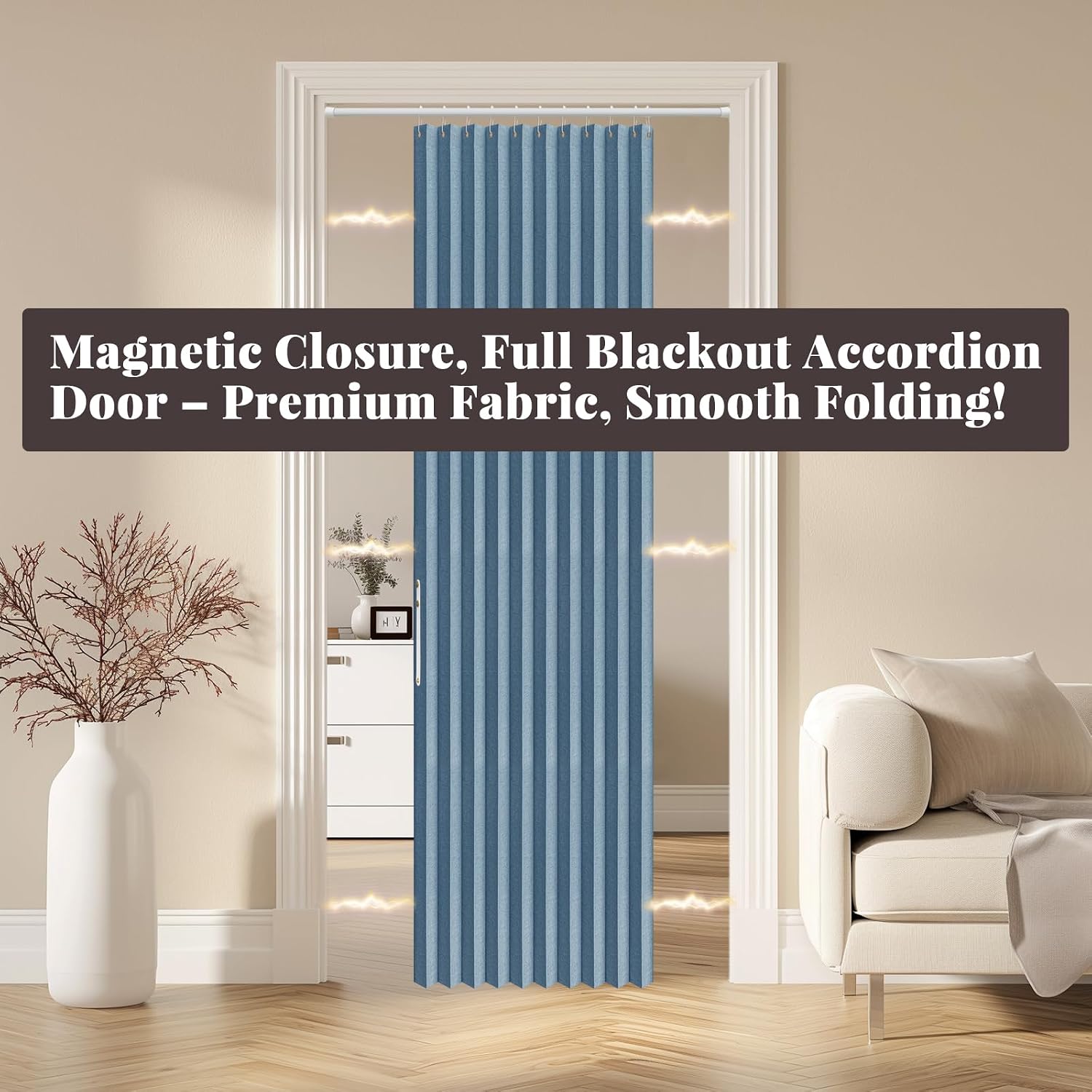 AJAZZ 100% Blackout Accordion Doors Interior Magnetic Door Curtain Closet Door Curtain Invisible Applicable Bedroom Room Living Room Doorway （Blue 42" W x 78" L 1 Panel