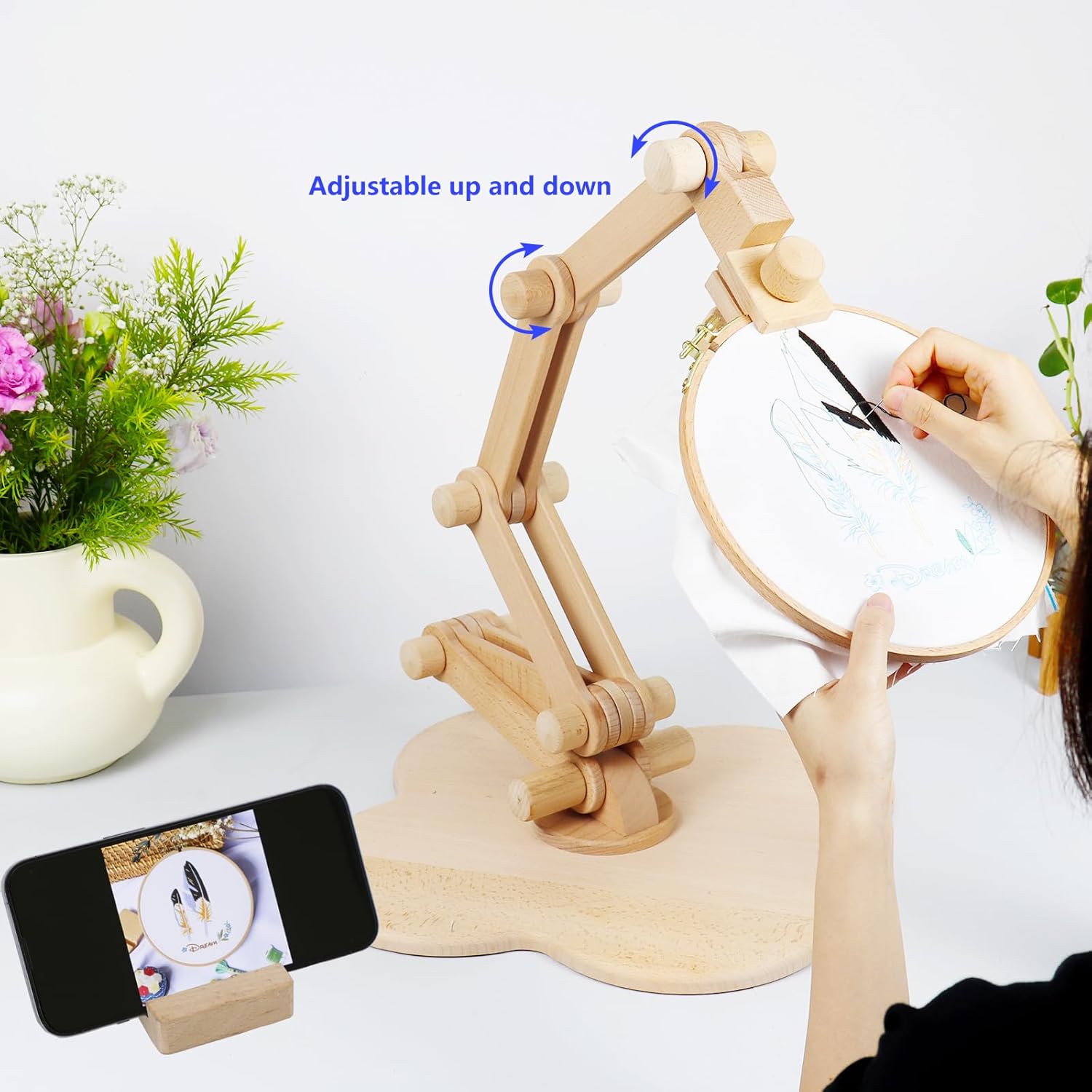 SolidGnik Large Embroidery Stand,Adjustable Embroidery Hoop Holder,Rotated Cross Stitch Stand,Wood Embroidery Hoop Holder