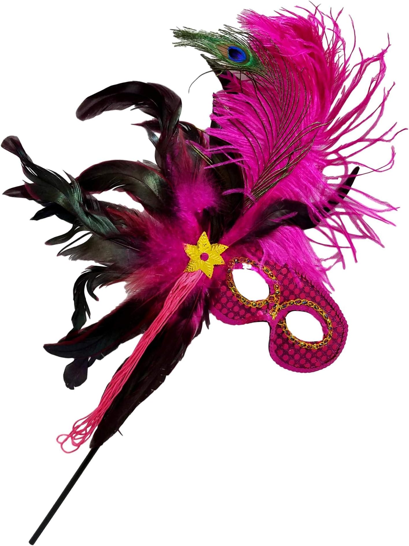 Mardi Gras Masquerade Feather Costume Stick Mask or Table Centerpiece Decoration (FUCHSIA)