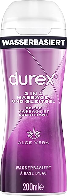 Durex Masaż i smar Aloe Vera 2 w 1 - Do masażu całego ciała i obszarów intymnych, z aplikatorem do masażu dla łatwej aplikacji - 200 ml (kolor opakowania może się różnić)
