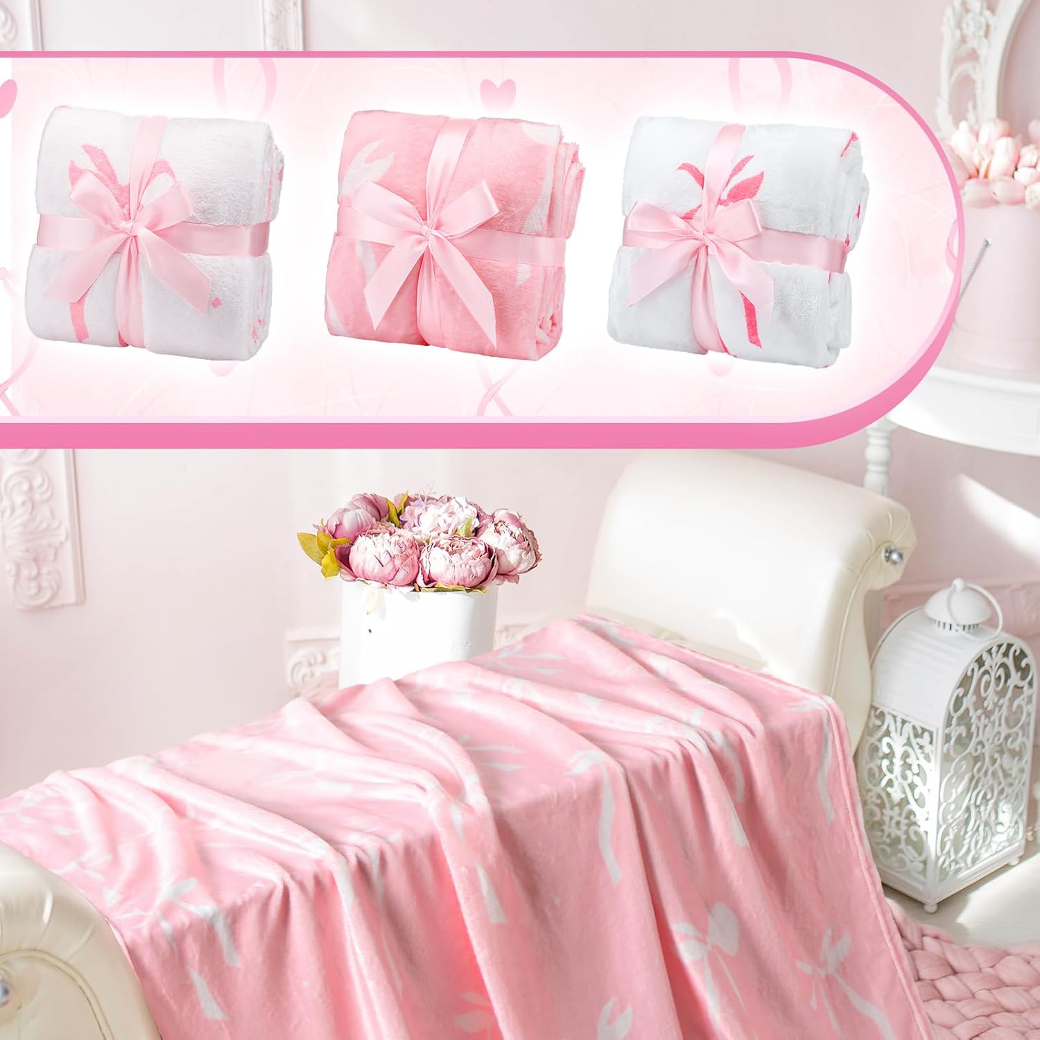Buryeah 6 Pcs Pink Bow Throw Blanket Coquette Pink and White Preppy Sleepover Blanket 40"x 60" Flannel Soft Decor Lightweight Aesthetic Plush Room Decor for Sofa Couch Travel Bed Christmas Decoration