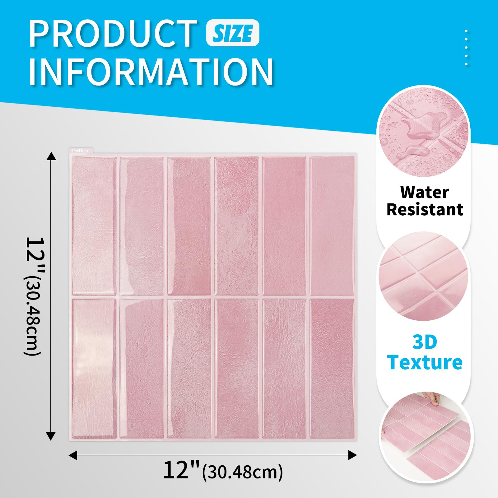 Art3d Fliesenaufkleber Klebefliesen Fliesenfolie Rosa Wandaufkleber Metro Fliesen Fliesendekor Selbstklebend Wandfliesen RV Küche Bad 10 Blätter (30,5 x 30,5 cm)