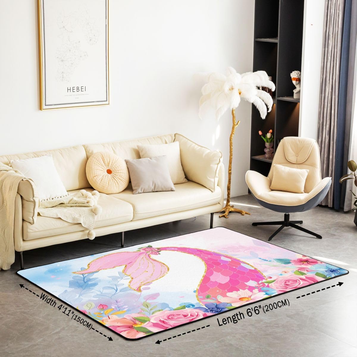 Mermaid Area Rug 3x5 for Kids Boys Girls Ocean Life Sea Animal Decorative Carpet Set Fish Scales Living Room Rugs Room Decorations Girly Pink Indoor Floor Mat（No Glitter）