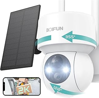 BOIFUN Solar Security Camera Wireless Outdoor, Smart AI Detection 2K WiFi 360° PTZ, Solar Powered Security Camera with Spotlight & Siren, Color Night Vision, 2 Way Audio, 10000mAh Battery, Alexa