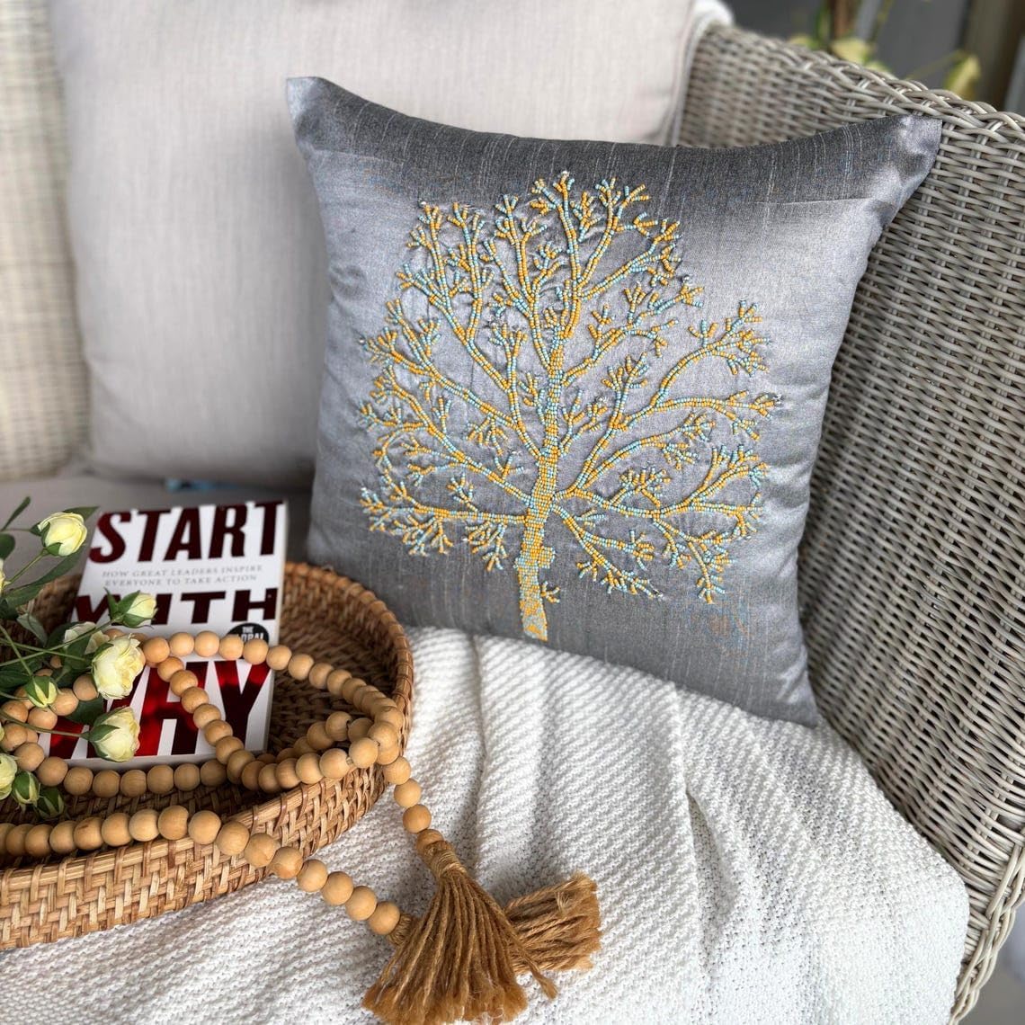 The HomeCentric Cushion Cover, Silver Grey Decorative Pillow Covers 16x16 inch (40x40 cm) Silk Throw Pillows for Couch, Nature & Floral, Tree, Beaded, Modern Handmade Pillowcases - Tree of Faith