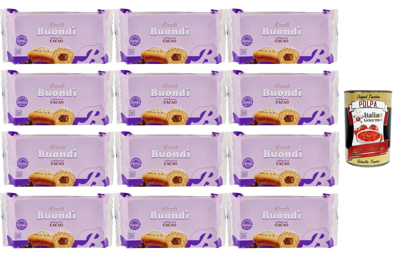 Italian Gourmet Lot 12 Buondì Bauli L’Originale Cacao 258 g – Gâteaux briochés moelleux italiens au cacao, cœur crème chocolat, levure mère Futura, format familial + Italian Gourmet Polpa