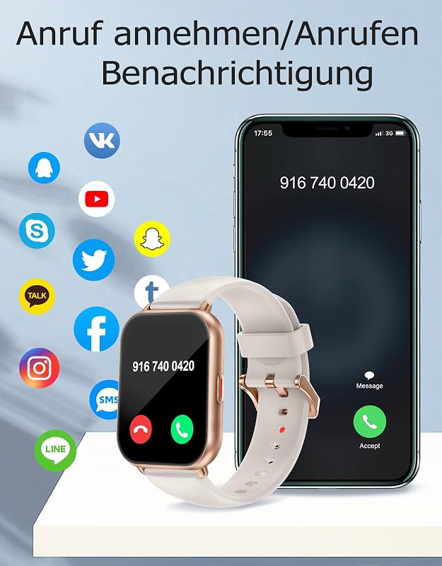 Ceas inteligent unisex RUIMEN cu funcție de apelare, ecran HD de 1,85 inchi, puls, SpO2, monitorizare somn, pedometru, peste 110 moduri sport, compatibil Android și iOS, 2 curele incluse