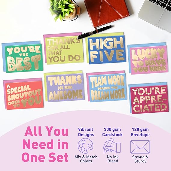 S&O Employee Appreciation Cards for Coworkers - 8 Designs - Assorted Thank You Cards with Envelopes - For Office Staff Recognition, Work Anniversary & Gratitude - Staff Appreciation, 4x5.5