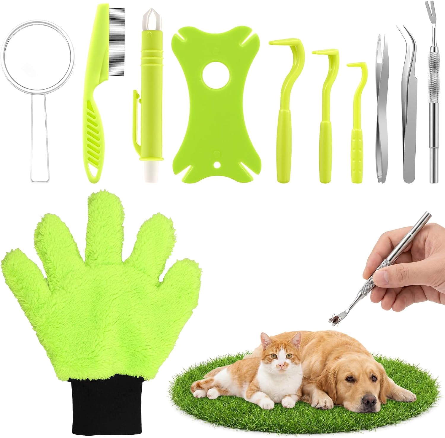 11 in 1 Tick Remover Kit Professional Tick Removal Tool Set | with Tweezers Flea Comb Hooks and Storage Case for Dogs Cats Humans