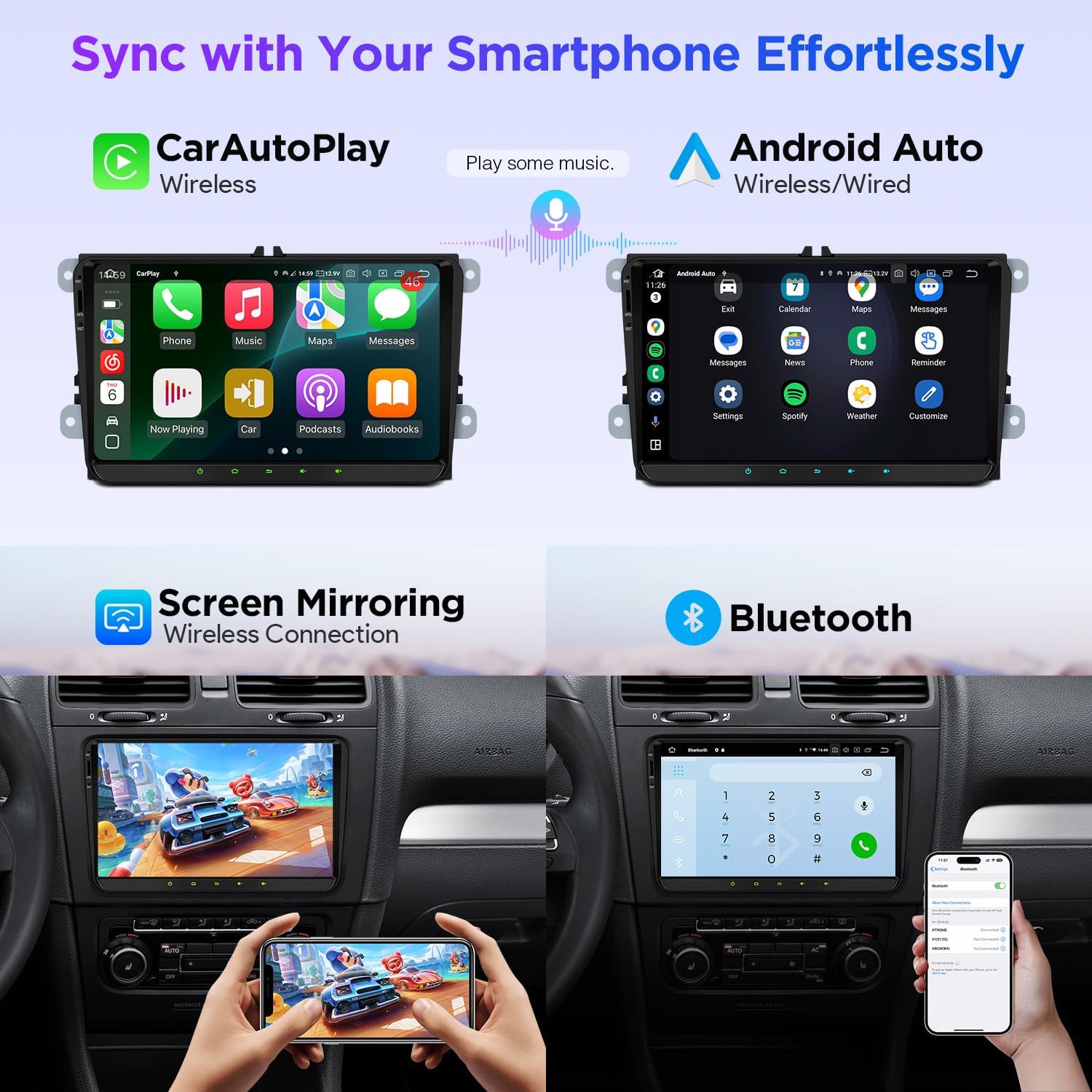 Image showing wireless CarPlay, Android Auto (wireless/wired), screen mirroring, and Bluetooth phone functions on the car stereo display.