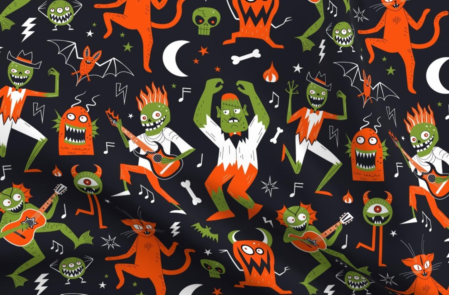 Spoonflower Fabric - Halloween Rock N Roll Monsters Music Dance Dancing Fun Quirky Playful Printed on Petal Cotton Fabric by The Yard - Sewing Quilting Apparel Crafts Decor