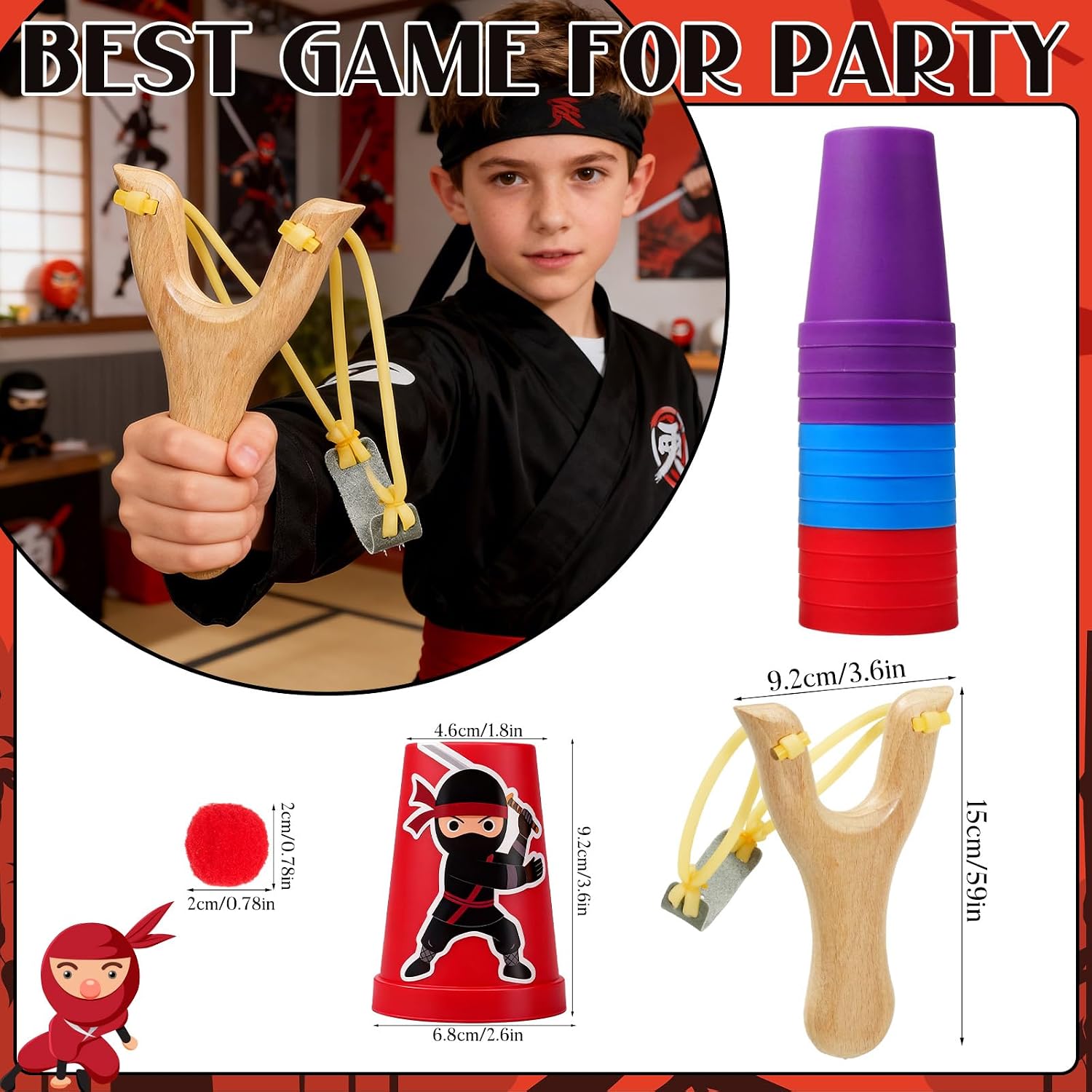 Ninja Party Favors - Wooden Slingshot Catapult Kit for Kids with 30 Pom Poms & 24 Plastic Cups,Ninjago Birthday Party Decorations,Fun Indoor/Outdoor Game,Holiday Games for Ninja Kidz Toys