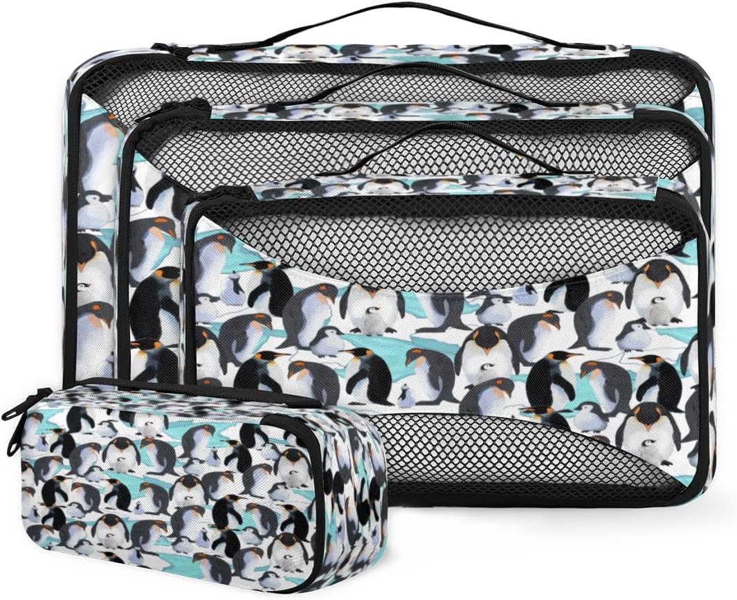 Packing Cubes for Travel Accessories with Double Zipper and Mesh Top 4 Piece Waterproof Funny Penguins Cartoon Suitcase Luggage Organizer Bags for Clothes Shoes Cosmetics