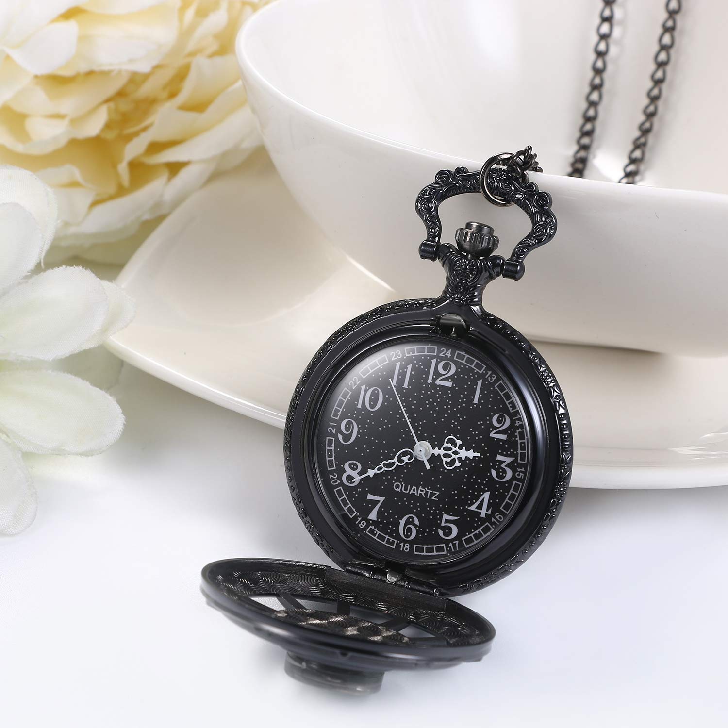 JewelryWe Antique Hollow Pocket Watch Vintage Steampunk Pocket Watch with Compass Decoration Stylish Necklace Chain Watch for Men Women