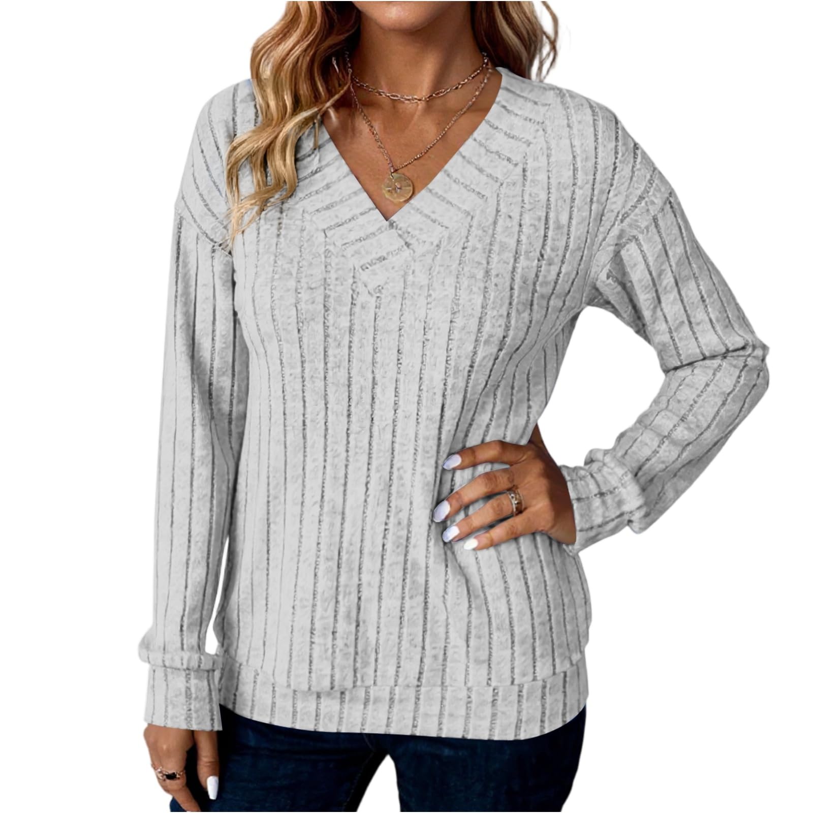 V Neck Long Sleeve Shirts for Women Oversized Ribbed Knit Sweater Tops Lightweight Fall Winter Loose Pullover Tops