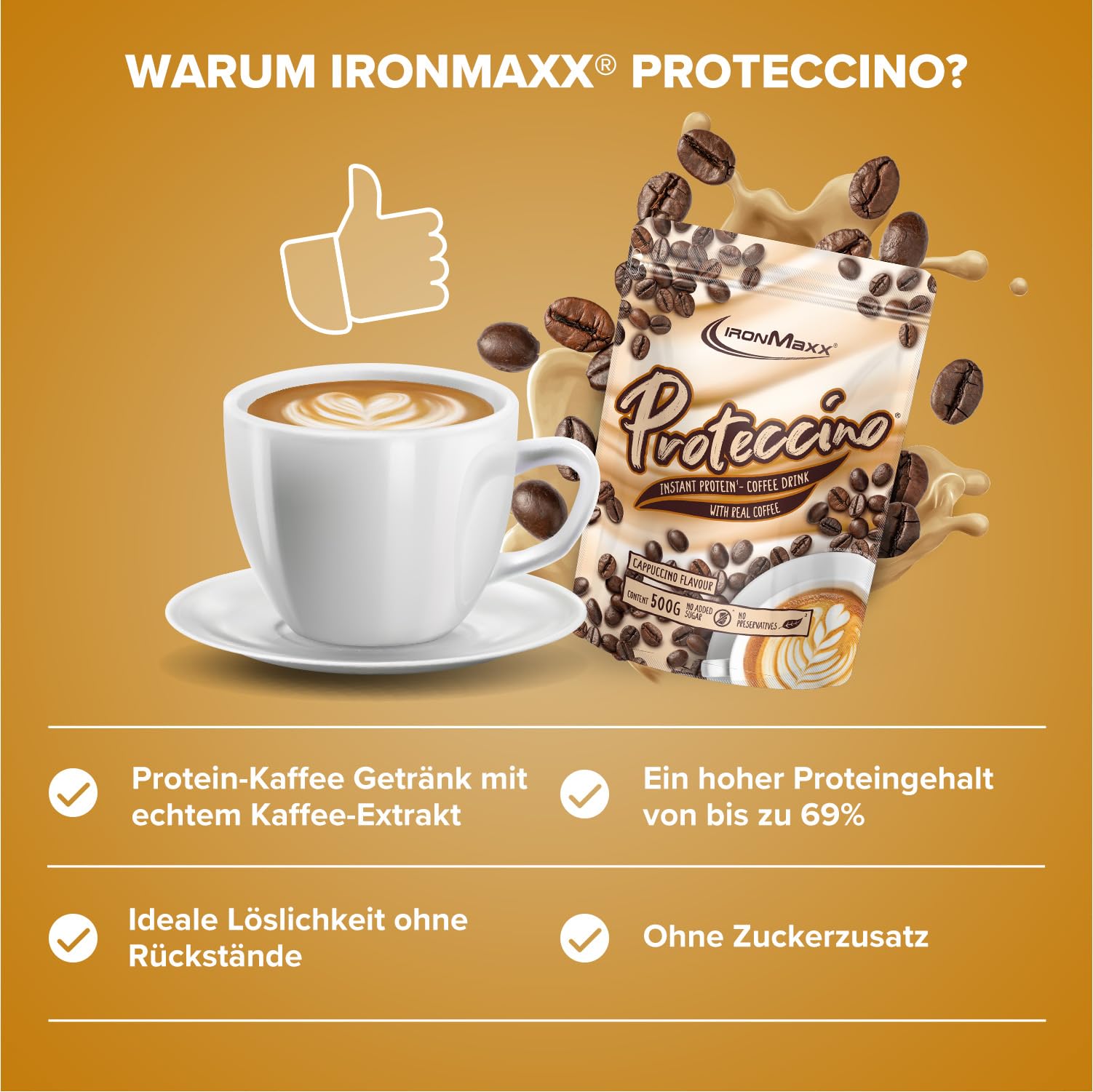 IronMaxx Proteccino - Cappuccino 500g Beutel | Protein Kaffee mit echtem Kaffee-Extrakt und Koffein | Ohne Zuckerzusatz und Konservierungsstoffe