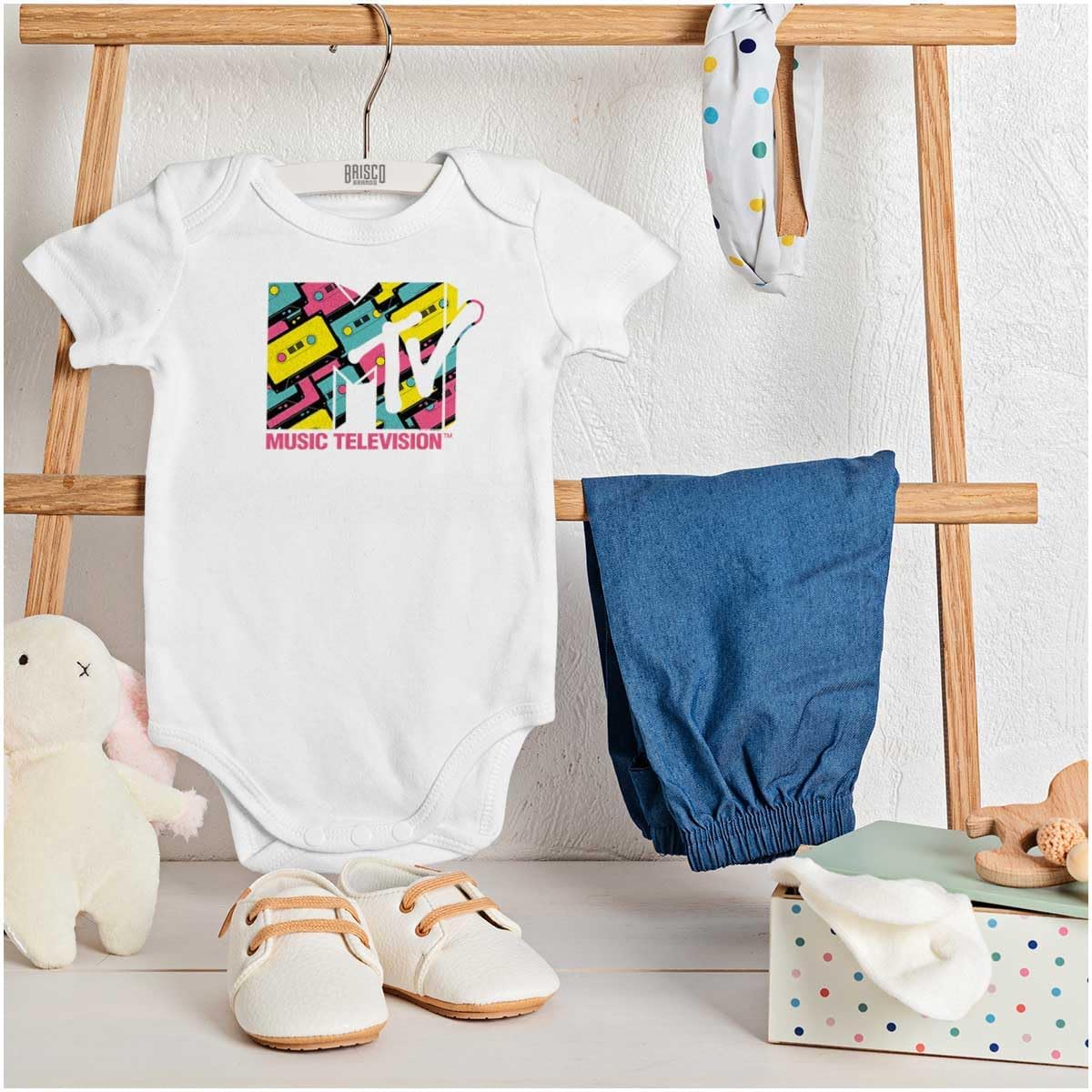 Brisco Brands Cool Retro MTV Cassette Tapes Logo Baby Romper Boys or Girls