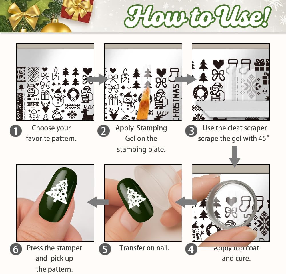 UNICRAFTALE 5Pcs Nails Stamp Plates Template Set Christmas Stamping Plate Christmas Textures Stamp Templates Image Nail Stencils Nail Art Plates for Women DIY Print Manicure Salon Design