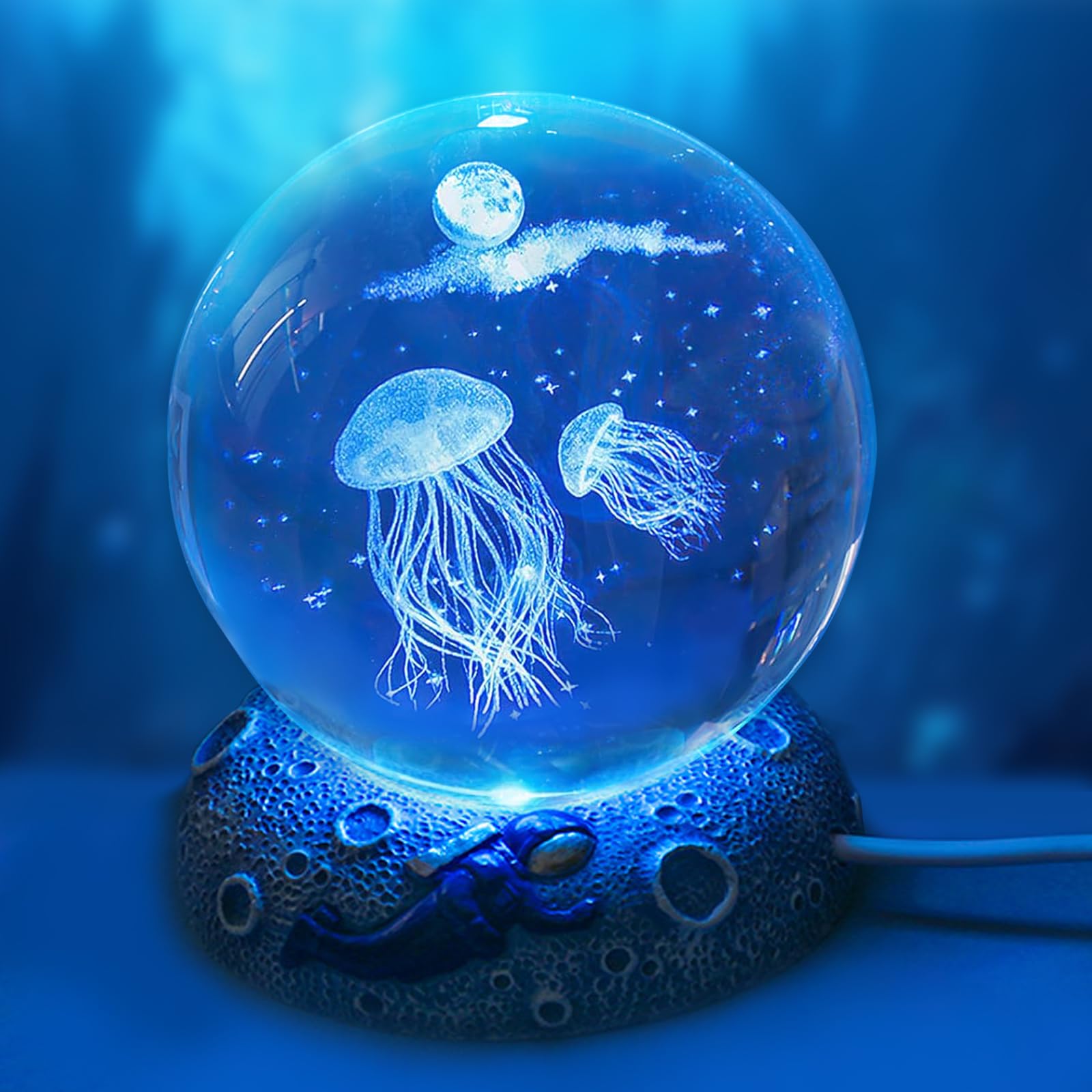 YIFMOO 3D Kristallkugel Nachtlicht, 80MM Quallen Glaskugel Lampe Mit Harzsockel, LED Fantasie Ball Lampe mit USB-Kabel, Ozeane Thema Nachttischlampe für Kinder Frauen Freunde Familie (Quallen Lampe)