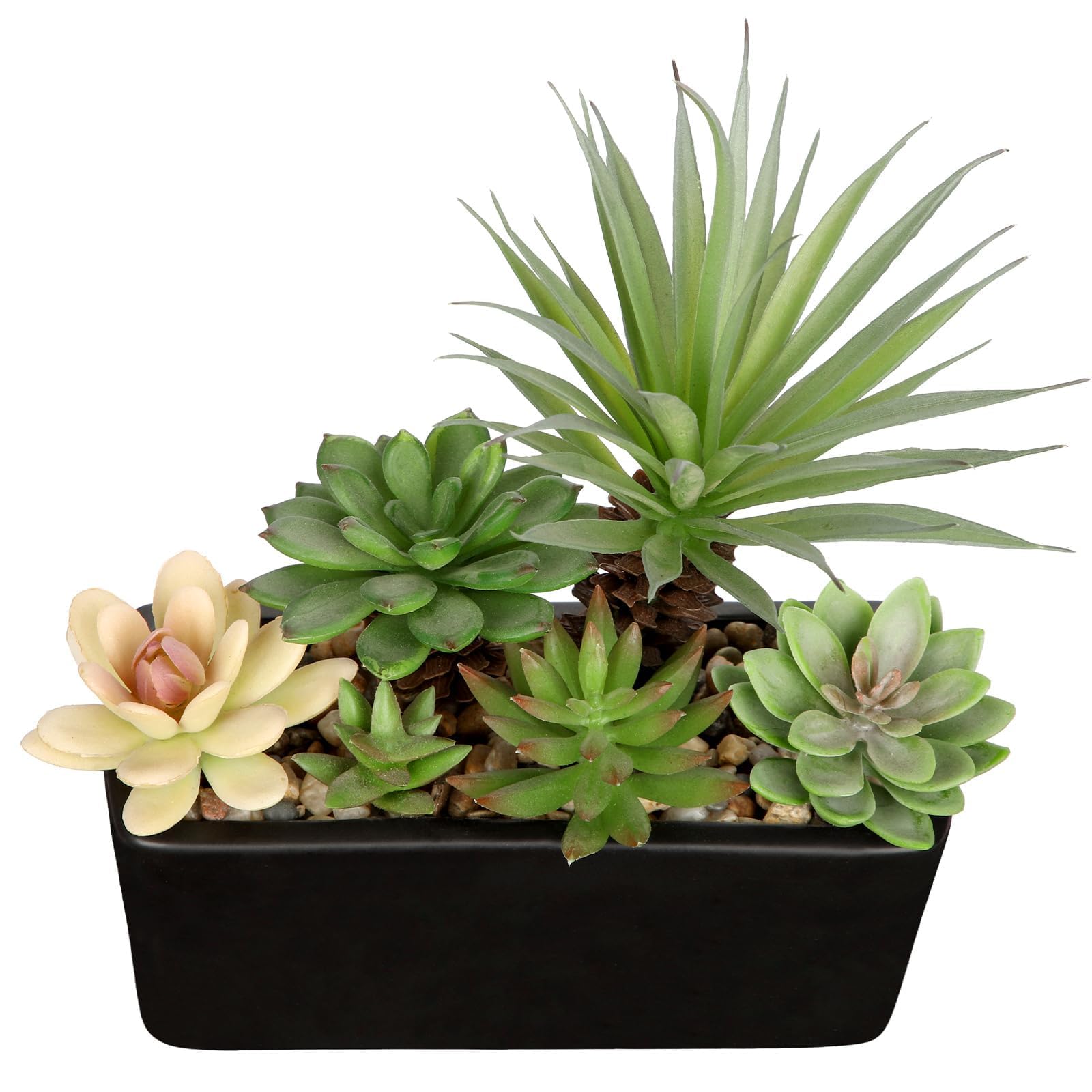 Artificial Succulents Plants in Black Ceramic Planter Assorted Faux Succulents in Pots Arrangement 8.7" Fake Succulent Potted Plant for Home Office
