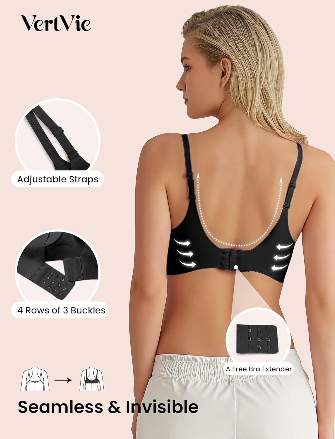 Vertvie Wireless Bras for Women Full Coverage Supportive Seamless Bralettes No Underwire Push Up Comfort Soft T-Shirt Bra - Image 3