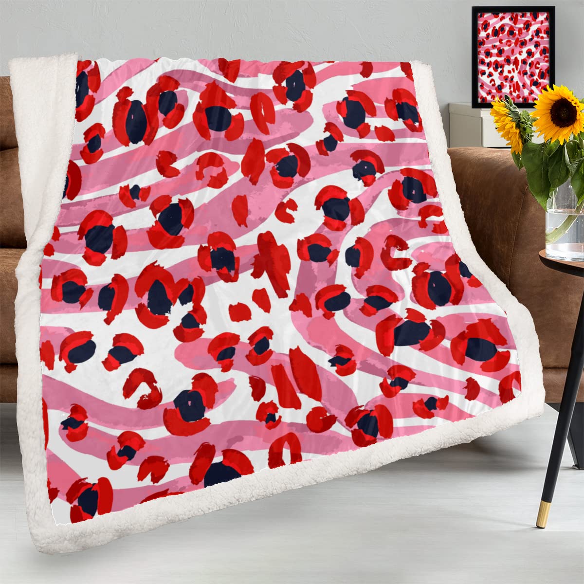 TropicalLife Manta de lana de cordero con estampado de leopardo para sofá, invierno, manta suave, rosa, rojo, leopardo, cálido, lana de cordero para niños, mujeres y hombres