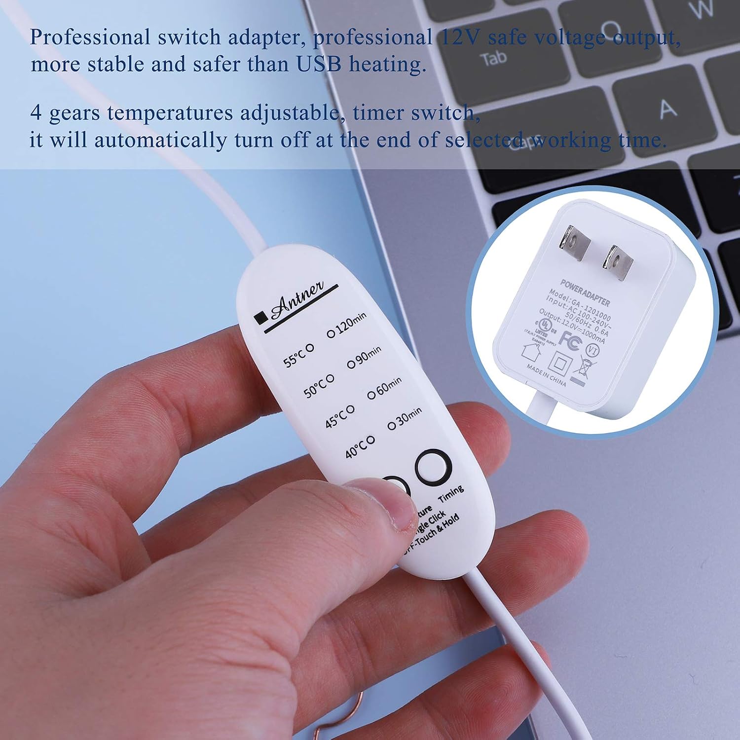 Antner 12V Hand Warmer Mouse Pad with Timing Switch and 4 Gears Temperature Adjustable Winter Heated Mouse Mat, Brown