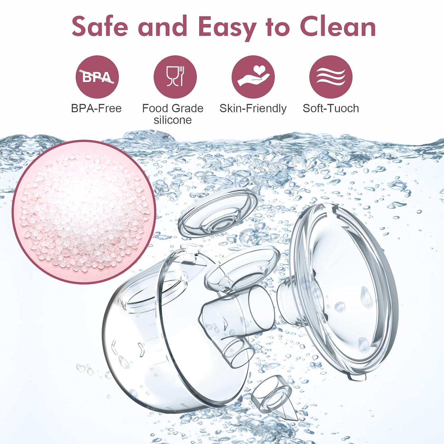 Diagram showing the NaNaLazy breast pump components disassembled and being cleaned under water, highlighting BPA-free, food-grade silicone, skin-friendly, and soft-touch materials.