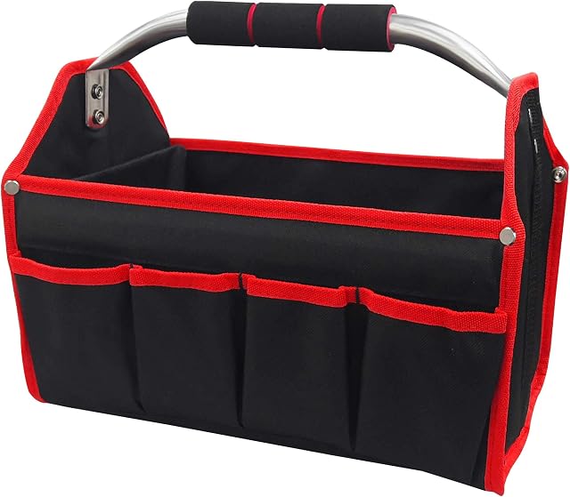 HAUTMEC 13-Inch Foldable Open Top Tote Bag, 8-Pocket Wide Mouth Tool Bag, Tubular Steel Heavy Duty Electrician Tool Bin for Tool Organization and Storage TB0001
