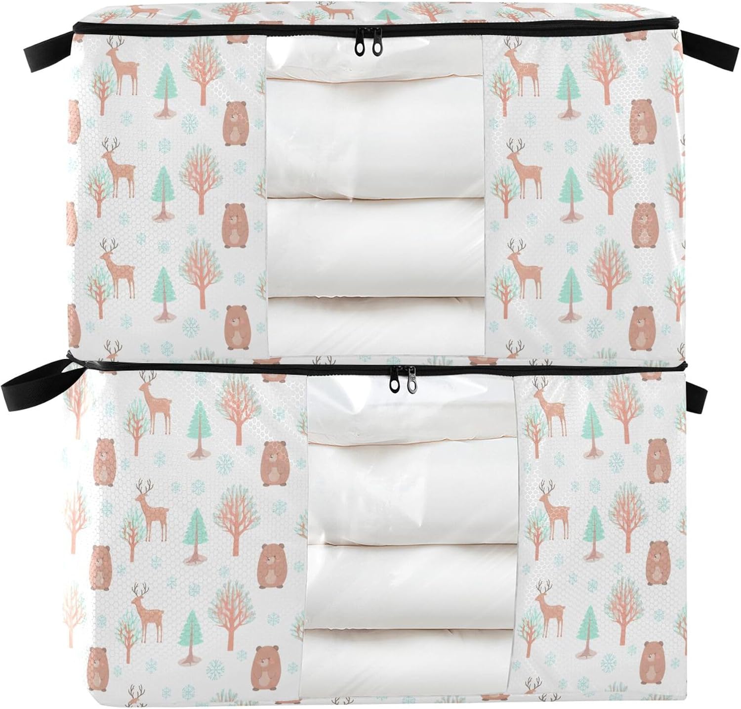 Burbuja 2 Pack Storage Bag Organizer with Handles for Clothes, Blankets, Bedding, Winter Tree Deer Foldable Storage Bag with Zipper & Clear Window, 95L
